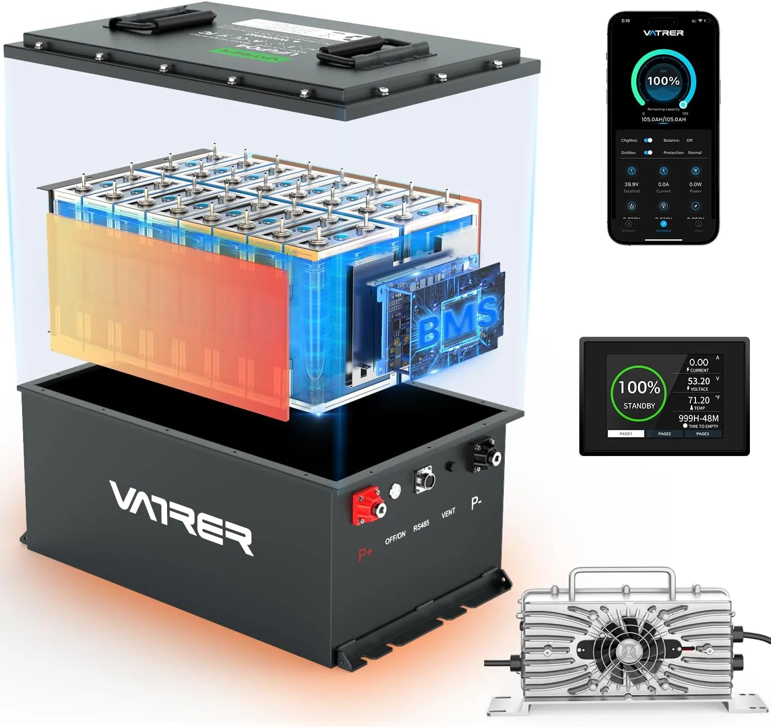 48V 105Ah Self-Heating Lithium Golf Cart Battery, Built-in Smart 200A BMS, with Touch Monitor & Mobile APP, 4000  Cycles LiFePO4 Battery, Max 10.24kW Power Output, Perfect for Golf Carts