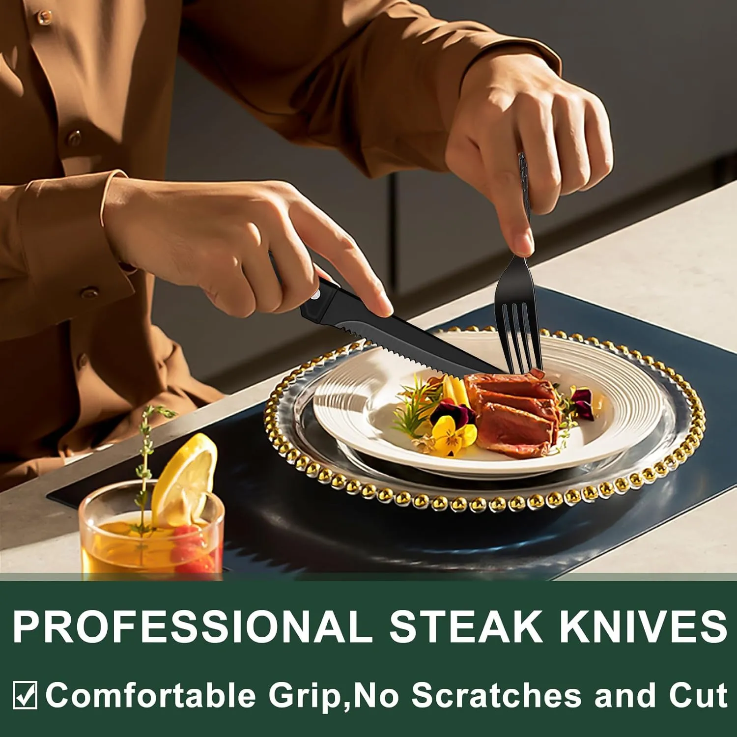 49-Piece Black Silverware Set with Organizer, Stainless Steel Tree Pattern Black Flatware for 8, Cutlery Utensil Sets with Steak Knives, Rust-proof, Mirror Polished, Dishwasher Safe