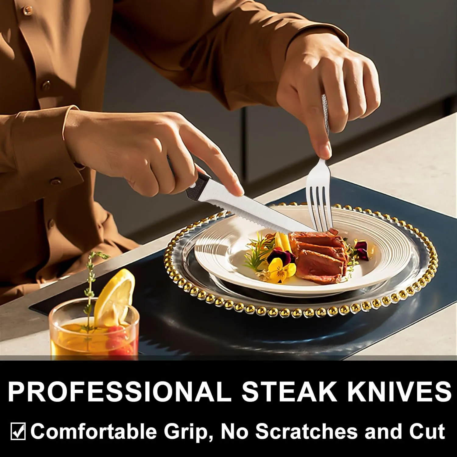 49-Piece Hammered Silverware Set with Organizer, Heavy Duty Stainless Steel Wave Flatware for 8, Cutlery Utensil Sets with Steak Knives, Rust-proof, Mirror Polished, Dishwasher Safe