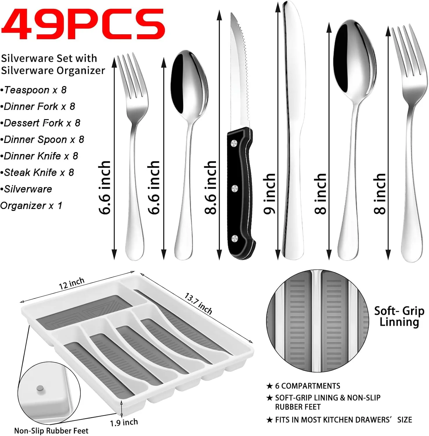 49-Piece Stainless Steel Silverware Set with Cutlery Organizer, Service for 8 with Steak Knives and Kitchen Utensils