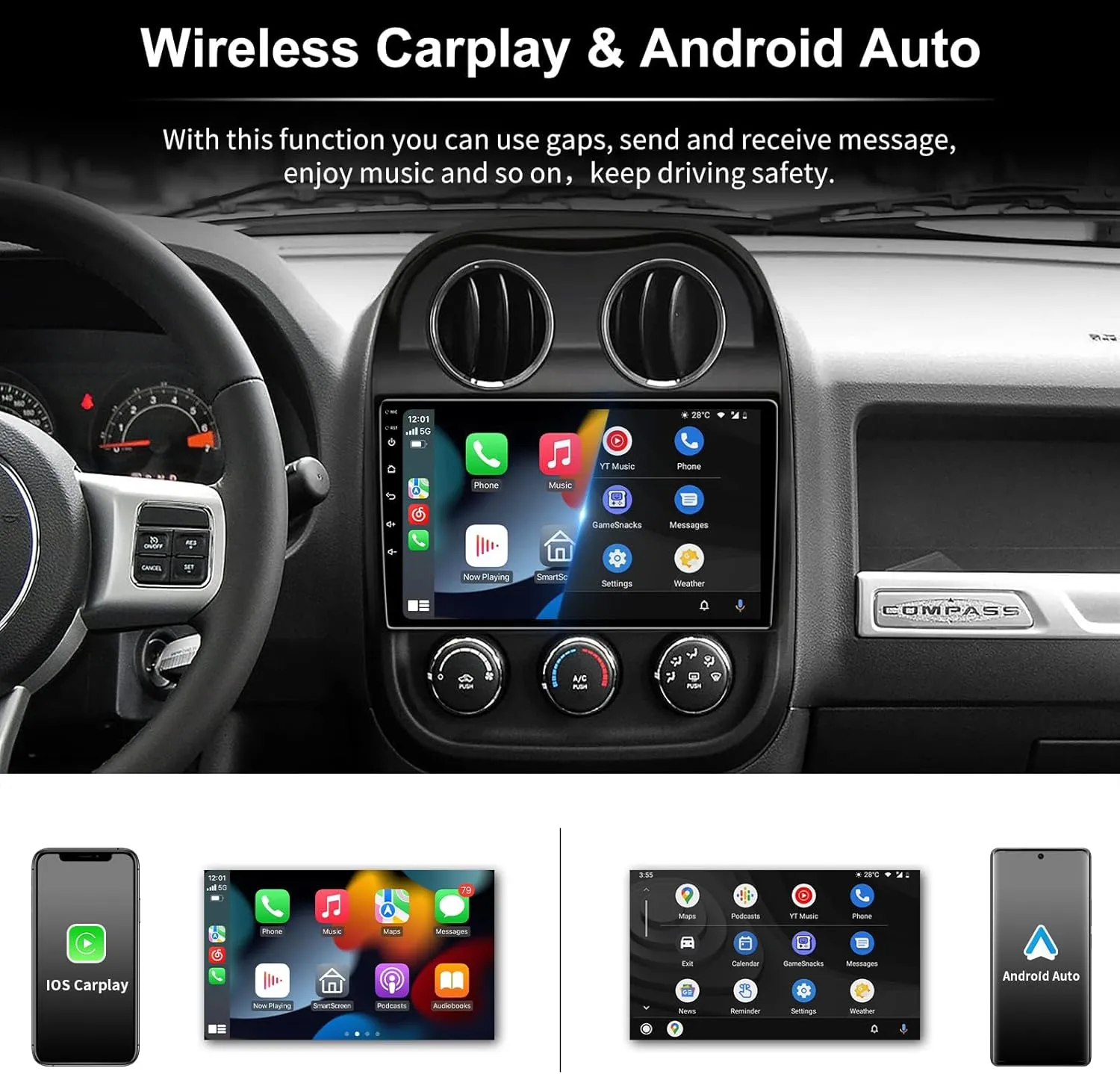 [4G 32G] Android 13 5GWIFI Car Radio Stereo for Jeep Compass Patriot 2010-2016 with Wireless CarPlay Android Auto, 10.1 inch Touchscreen Car Stereo with Bluetooth,WiFi,DSP,GPS,Backup Camera