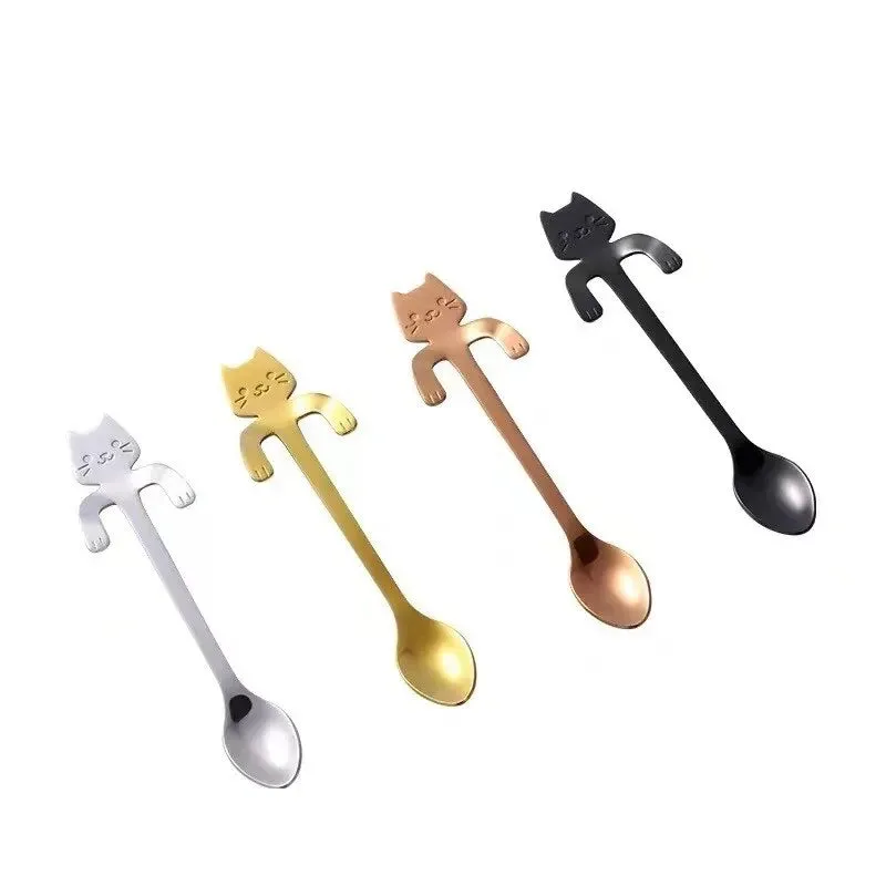 4pcs Stainless Steel Mini Cat Kitten Coffee Tea Dessert Drink Spoons Cute Flatware Set