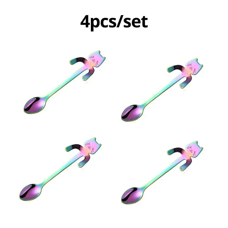 4pcs Stainless Steel Mini Cat Kitten Coffee Tea Dessert Drink Spoons Cute Flatware Set