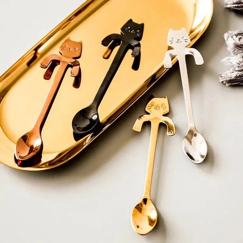4pcs Stainless Steel Mini Cat Kitten Coffee Tea Dessert Drink Spoons Cute Flatware Set