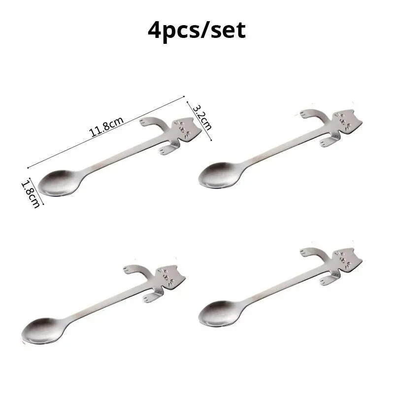 4pcs Stainless Steel Mini Cat Kitten Coffee Tea Dessert Drink Spoons Cute Flatware Set