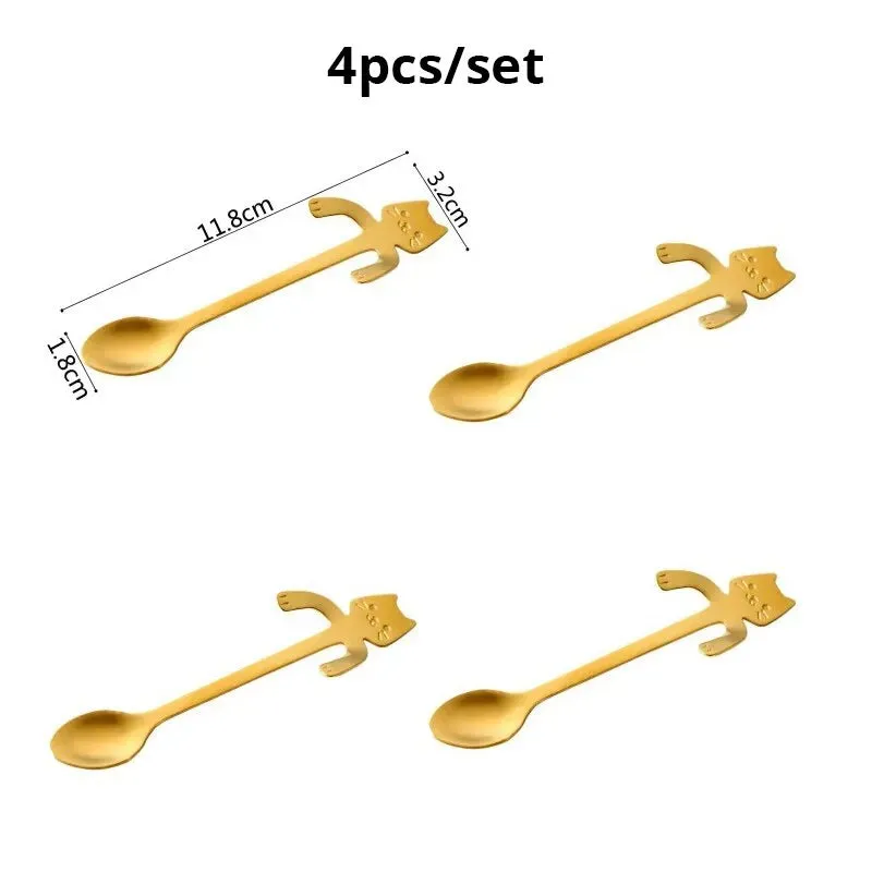 4pcs Stainless Steel Mini Cat Kitten Coffee Tea Dessert Drink Spoons Cute Flatware Set