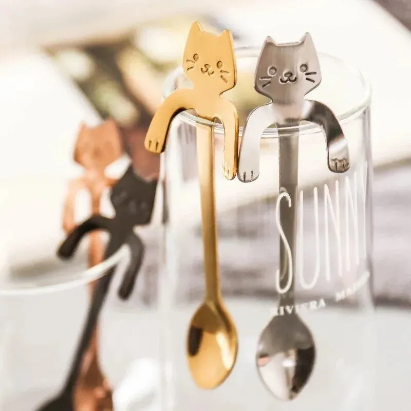 4pcs Stainless Steel Mini Cat Kitten Coffee Tea Dessert Drink Spoons Cute Flatware Set