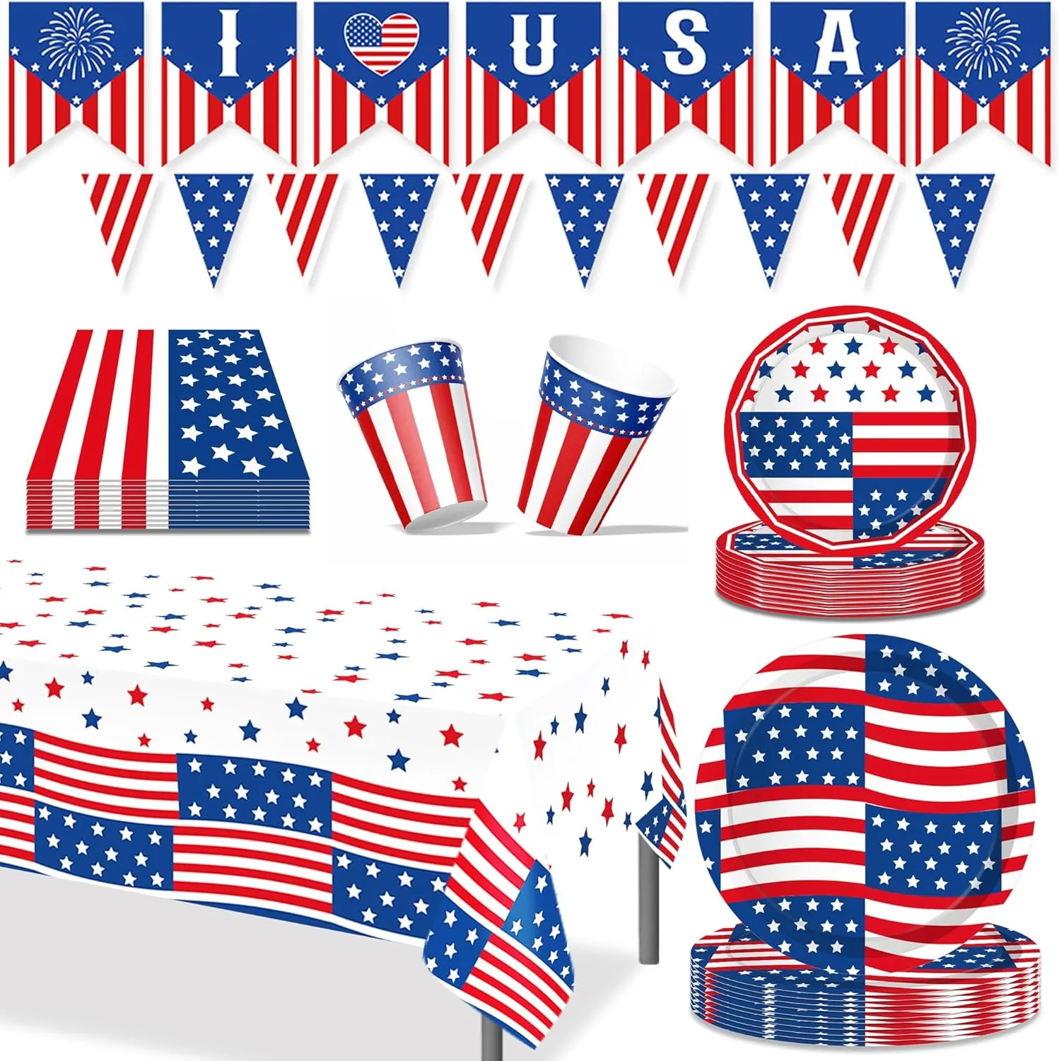 4th of July Paper Plates and Napkins,Independence Day Table Decorations and party Supplies Accessories,Memorial Day Tableware Table Cloth Patriotic Red White Blue American Flag Banner Disposable Cups