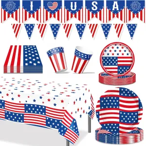 4th of July Paper Plates and Napkins,Independence Day Table Decorations and party Supplies Accessories,Memorial Day Tableware Table Cloth Patriotic Red White Blue American Flag Banner Disposable Cups