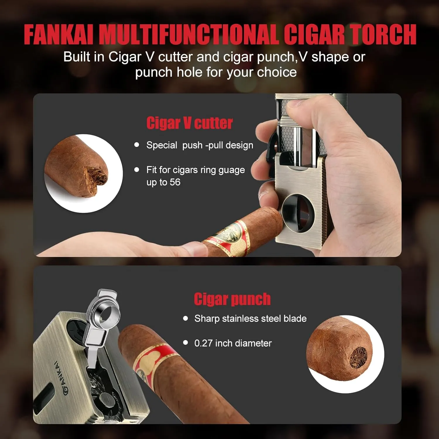 5 in 1 Cigar Lighter, Multi-Tool Cigar Torch with Sliding V Cutter, Cigar Punch, Cigar Holder, Cigar Poker, Butane Lighter Triple Jet Flame