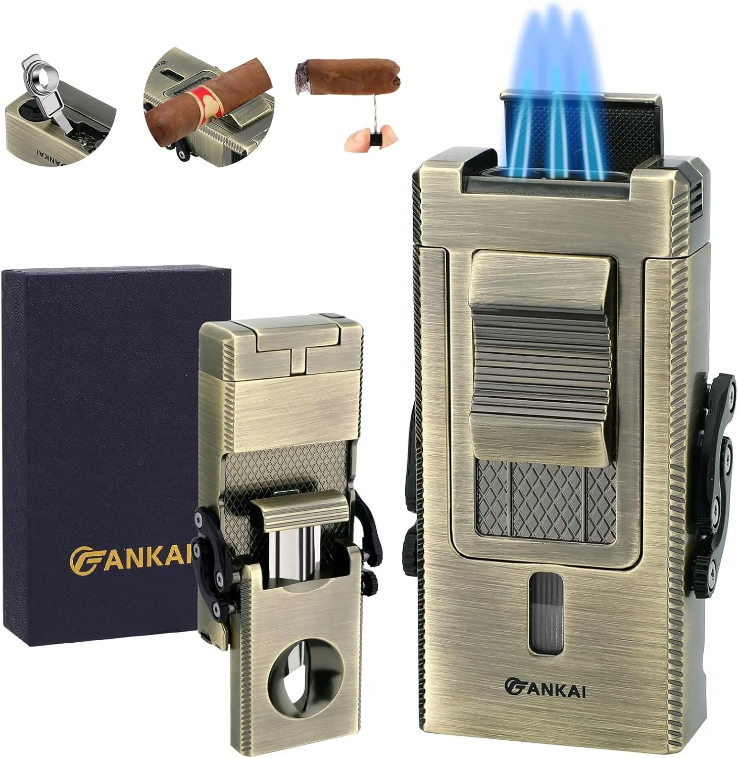 5 in 1 Cigar Lighter, Multi-Tool Cigar Torch with Sliding V Cutter, Cigar Punch, Cigar Holder, Cigar Poker, Butane Lighter Triple Jet Flame