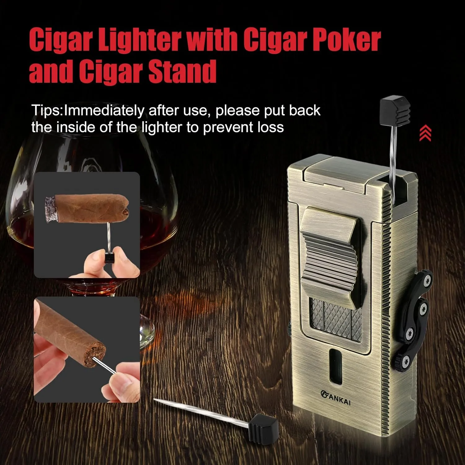 5 in 1 Cigar Lighter, Multi-Tool Cigar Torch with Sliding V Cutter, Cigar Punch, Cigar Holder, Cigar Poker, Butane Lighter Triple Jet Flame