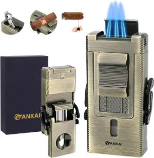5 in 1 Cigar Lighter, Multi-Tool Cigar Torch with Sliding V Cutter, Cigar Punch, Cigar Holder, Cigar Poker, Butane Lighter Triple Jet Flame
