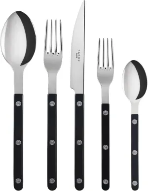 5-Piece Flatware Set - Bistrot Collection - Knife, Fork, Soup Spoon, Teaspoon & Dessert Fork - Stainless Steel & Nylon - Dishwasher Safe - Black - Brilliant Finish