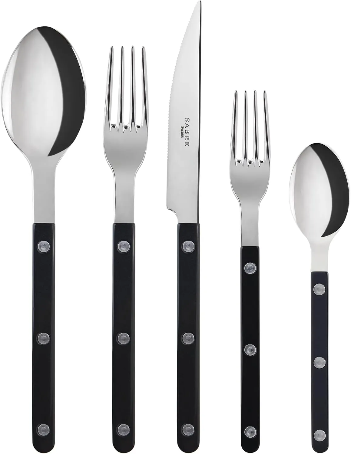 5-Piece Flatware Set - Bistrot Collection - Knife, Fork, Soup Spoon, Teaspoon & Dessert Fork - Stainless Steel & Nylon - Dishwasher Safe - Black - Brilliant Finish
