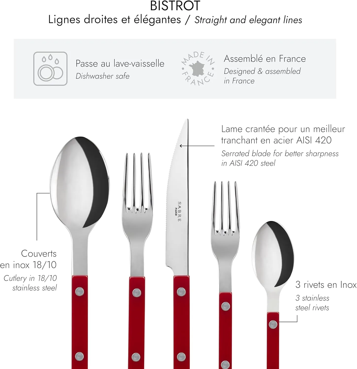 5-Piece Flatware Set - Bistrot Collection - Knife, Fork, Soup Spoon, Teaspoon & Dessert Fork - Stainless Steel & Nylon - Dishwasher Safe - Burgundy - Brilliant Finish