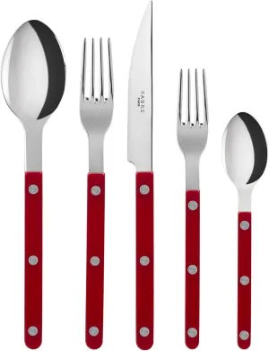 5-Piece Flatware Set - Bistrot Collection - Knife, Fork, Soup Spoon, Teaspoon & Dessert Fork - Stainless Steel & Nylon - Dishwasher Safe - Burgundy - Brilliant Finish