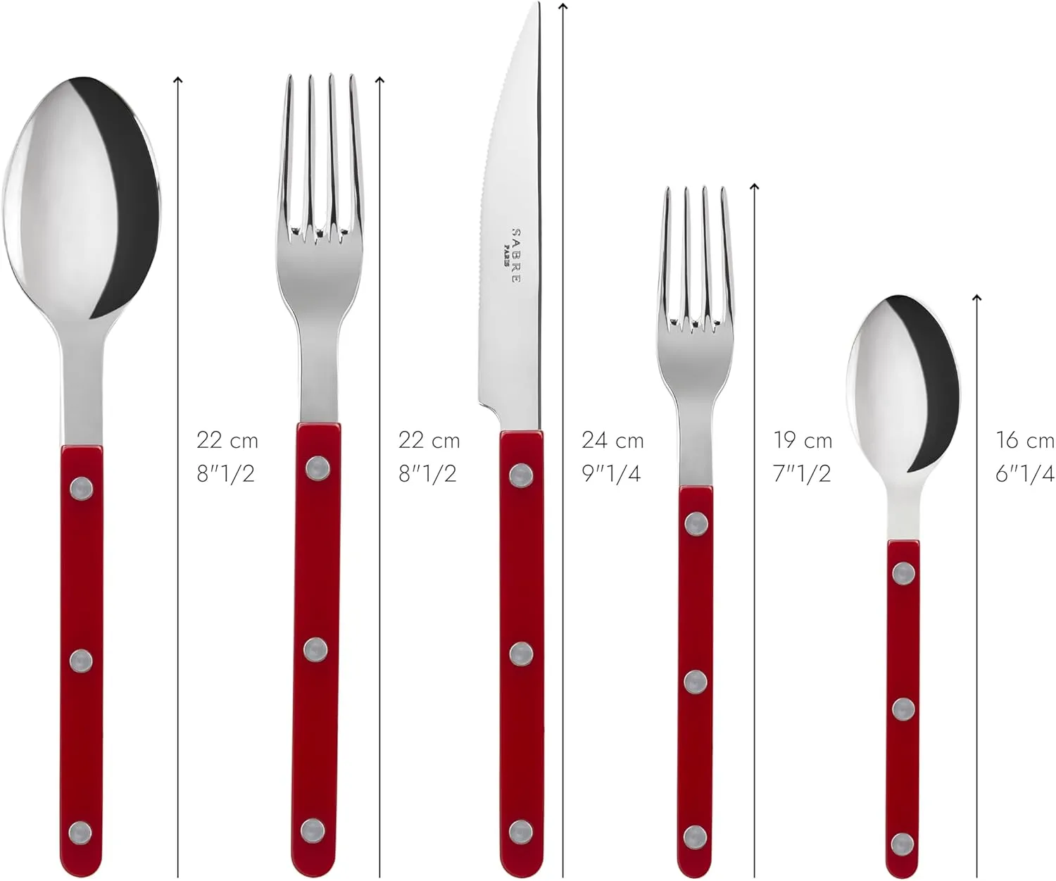 5-Piece Flatware Set - Bistrot Collection - Knife, Fork, Soup Spoon, Teaspoon & Dessert Fork - Stainless Steel & Nylon - Dishwasher Safe - Burgundy - Brilliant Finish