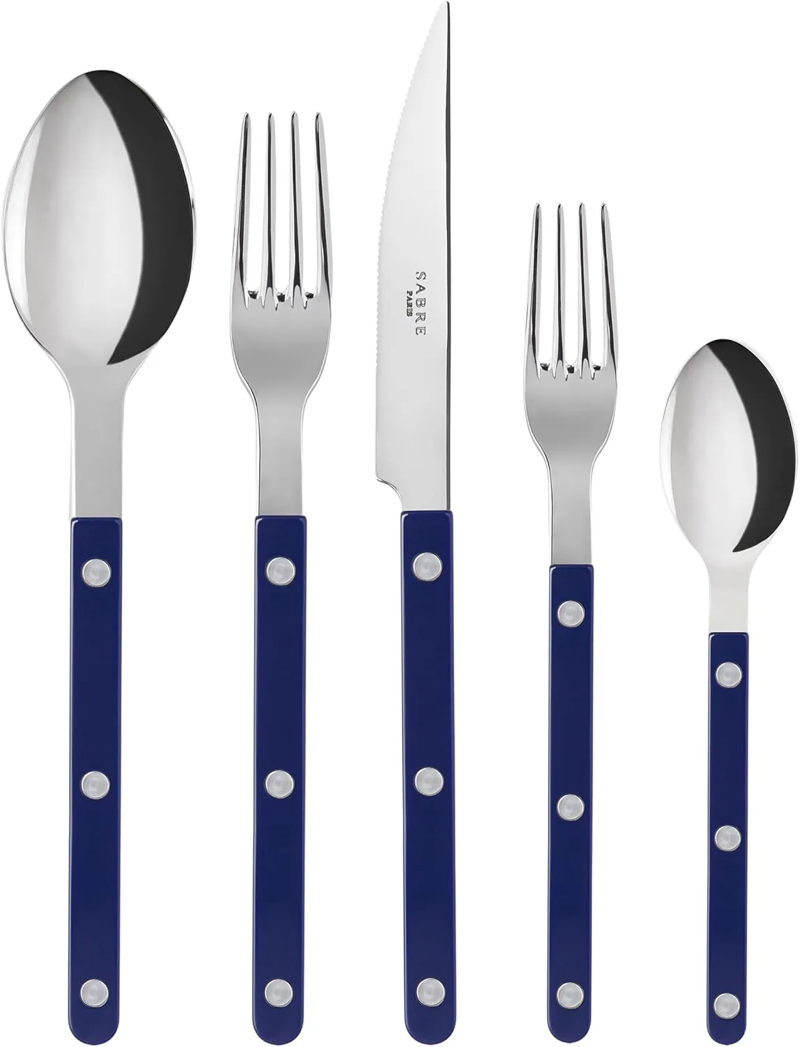 5-Piece Flatware Set - Bistrot Collection - Knife, Fork, Soup Spoon, Teaspoon & Dessert Fork - Stainless Steel & Nylon - Dishwasher Safe - Navy Blue - Brilliant Finish