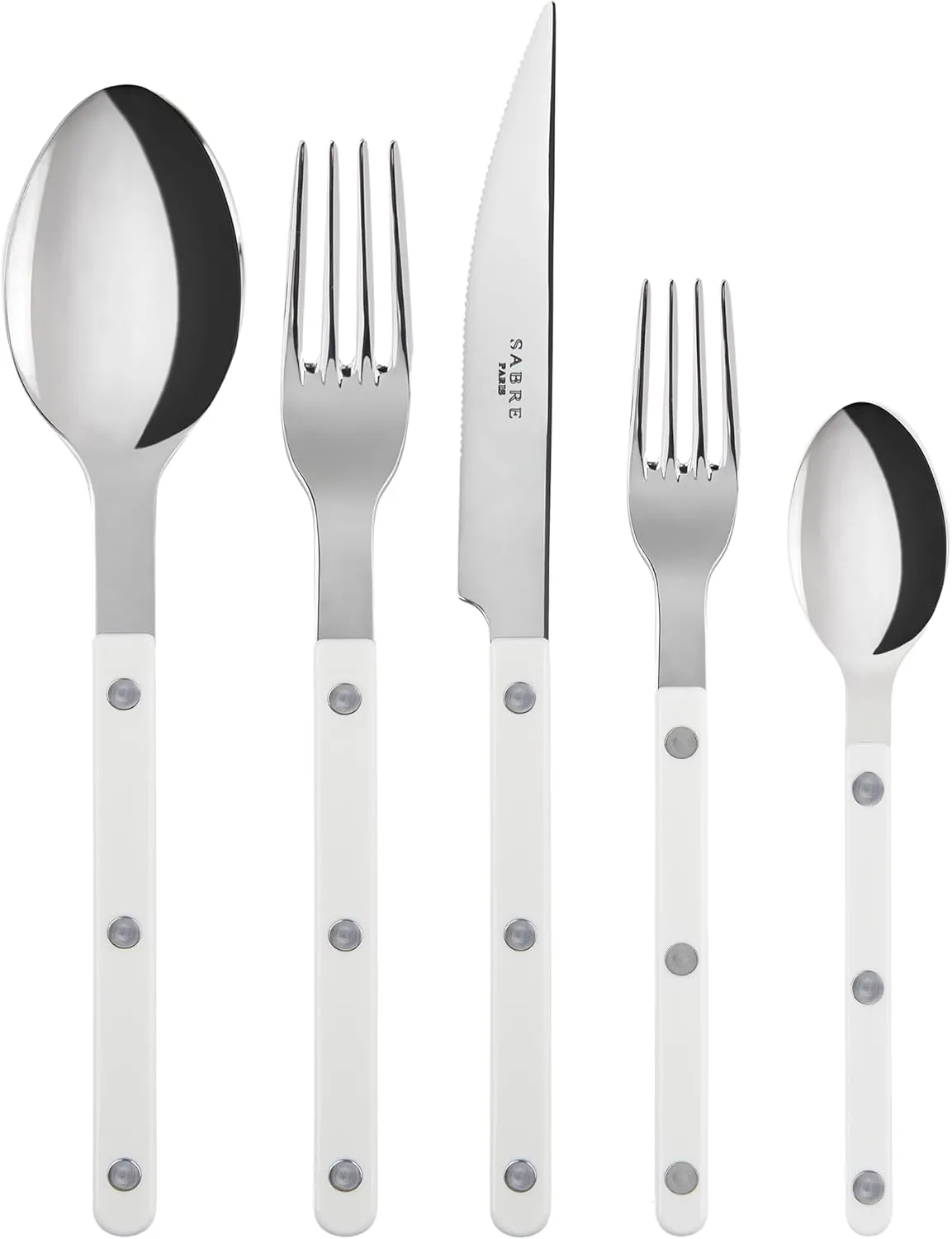5-Piece Flatware Set - Bistrot Collection - Knife, Fork, Soup Spoon, Teaspoon & Dessert Fork - Stainless Steel & Nylon - Dishwasher Safe - White - Brilliant Finish