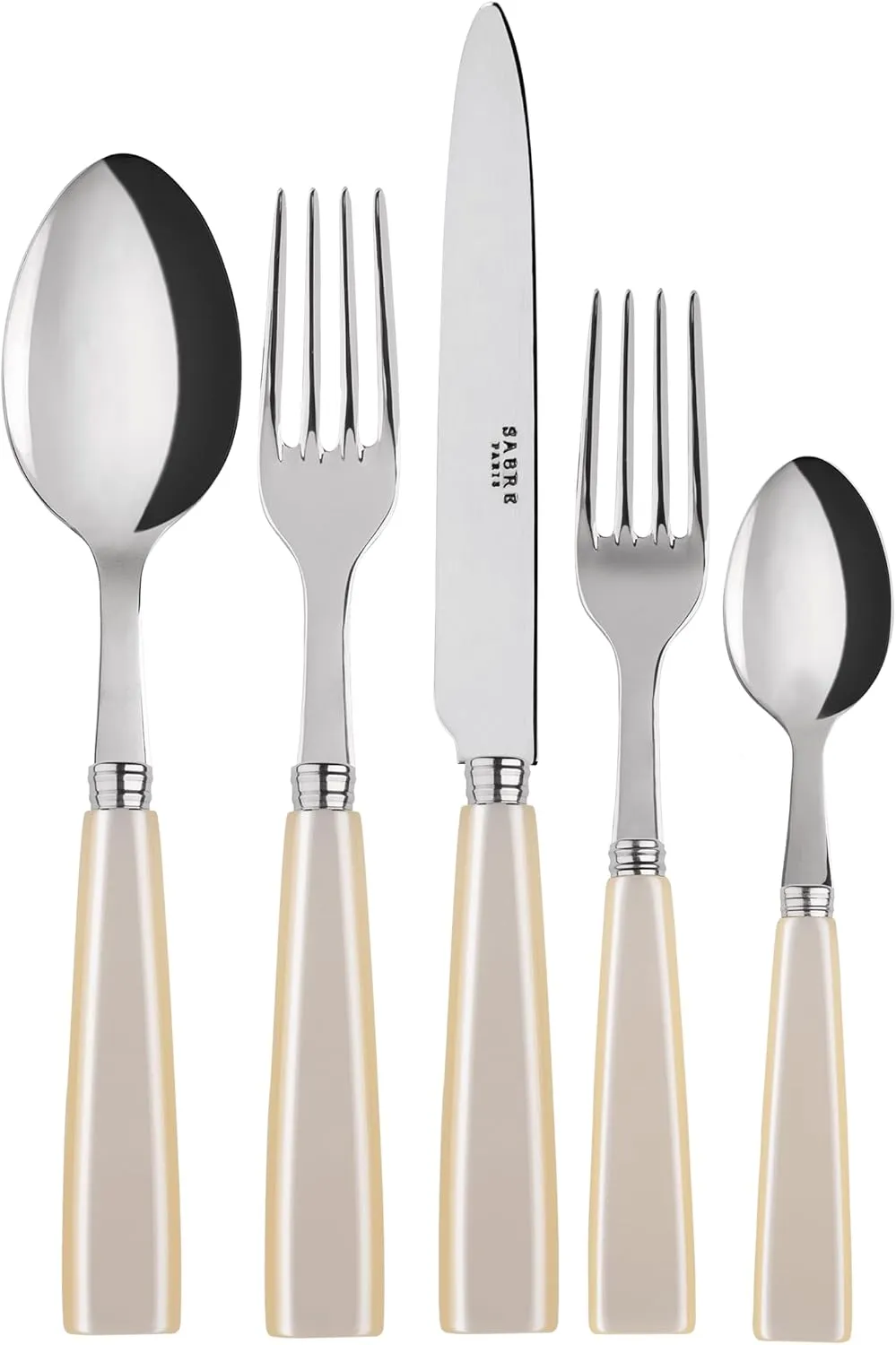 5-Piece Flatware Set - Icône Collection - Knife, Fork, Soup Spoon, Teaspoon & Dessert Fork - Stainless Steel & Acrylic - Dishwasher Safe - Pearly White