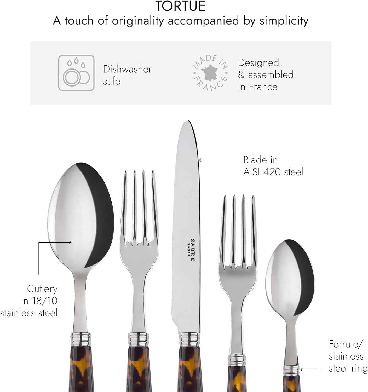 5-Piece Flatware Set - Tortue Collection - Knife, Fork, Soup Spoon, Teaspoon & Dessert Fork - Stainless Steel & Acrylic - Dishwasher Safe - Scaled Effect