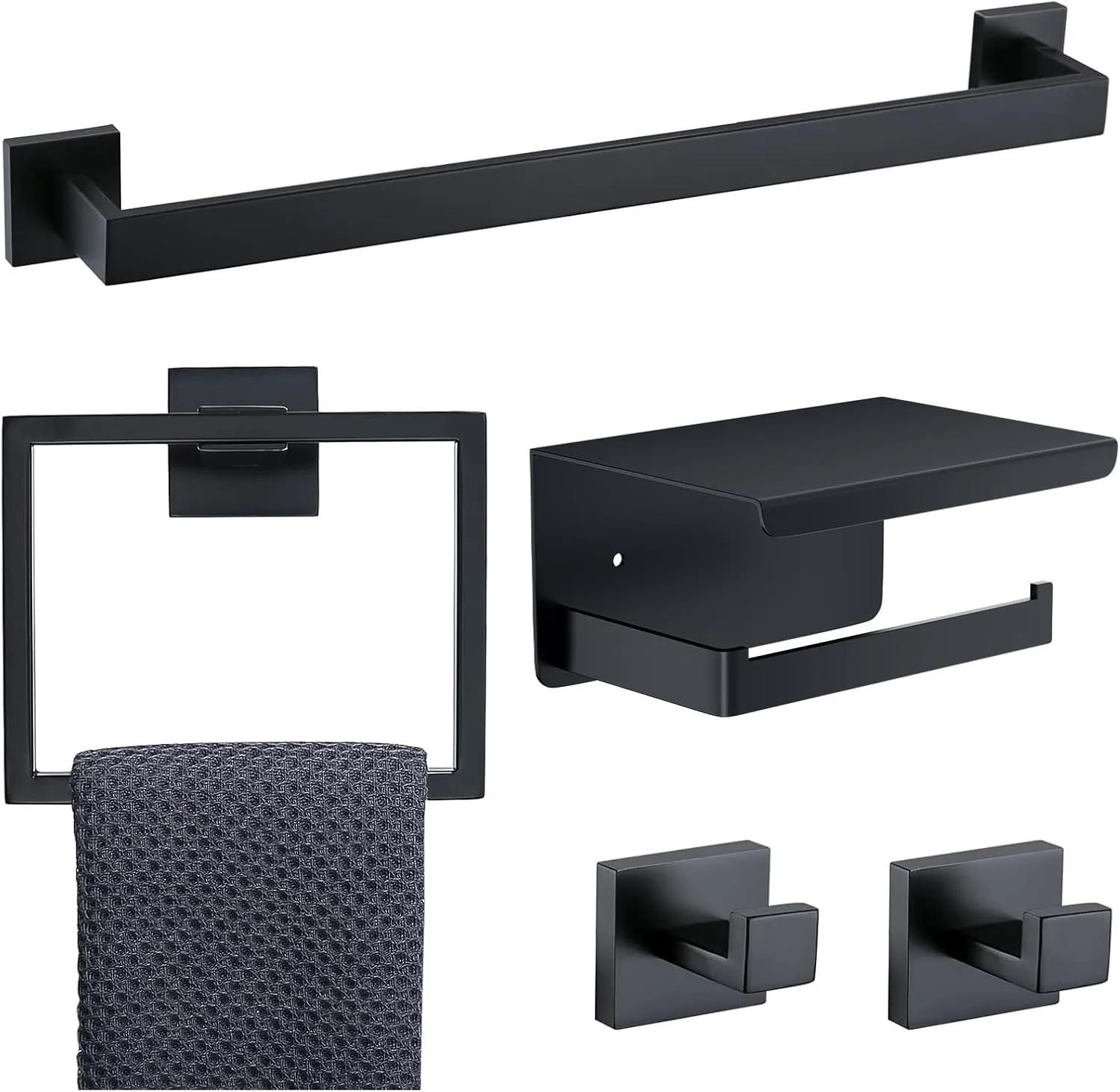 5-Piece Matte Black Bathroom Hardware Set – Premium SUS304 Stainless Steel Bathroom Accessories Set, Wall-Mounted Towel Rack, Toilet Paper Holder & Hooks for Modern Bathroom