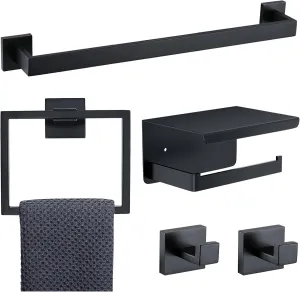 5-Piece Matte Black Bathroom Hardware Set – Premium SUS304 Stainless Steel Bathroom Accessories Set, Wall-Mounted Towel Rack, Toilet Paper Holder & Hooks for Modern Bathroom