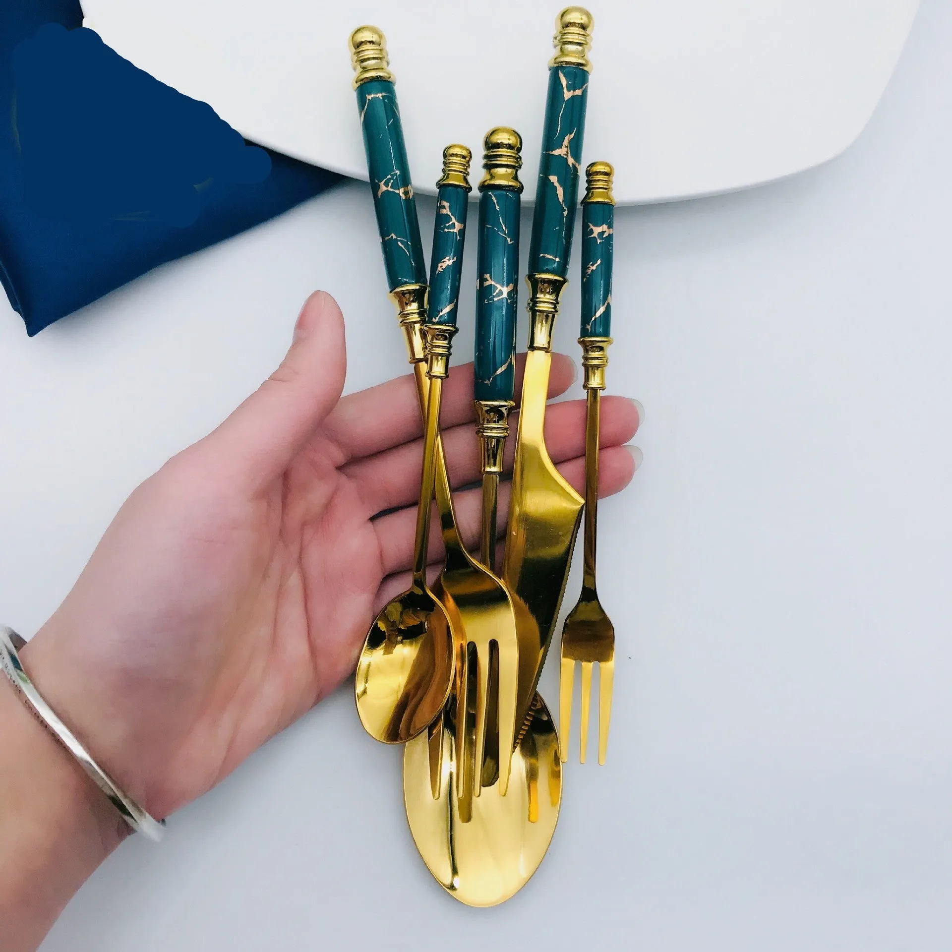 5 Piece - Stainless Steel Tableware With Ceramic Handle