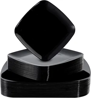 50 Pack Square Plates, Premium Heavy Duty Plastic Plates Tableware incl 25 Salad Dessert Appetizer Plates &25 Dinner Disposable Plates Dishes for Weddings, Parties, & Catering-Black