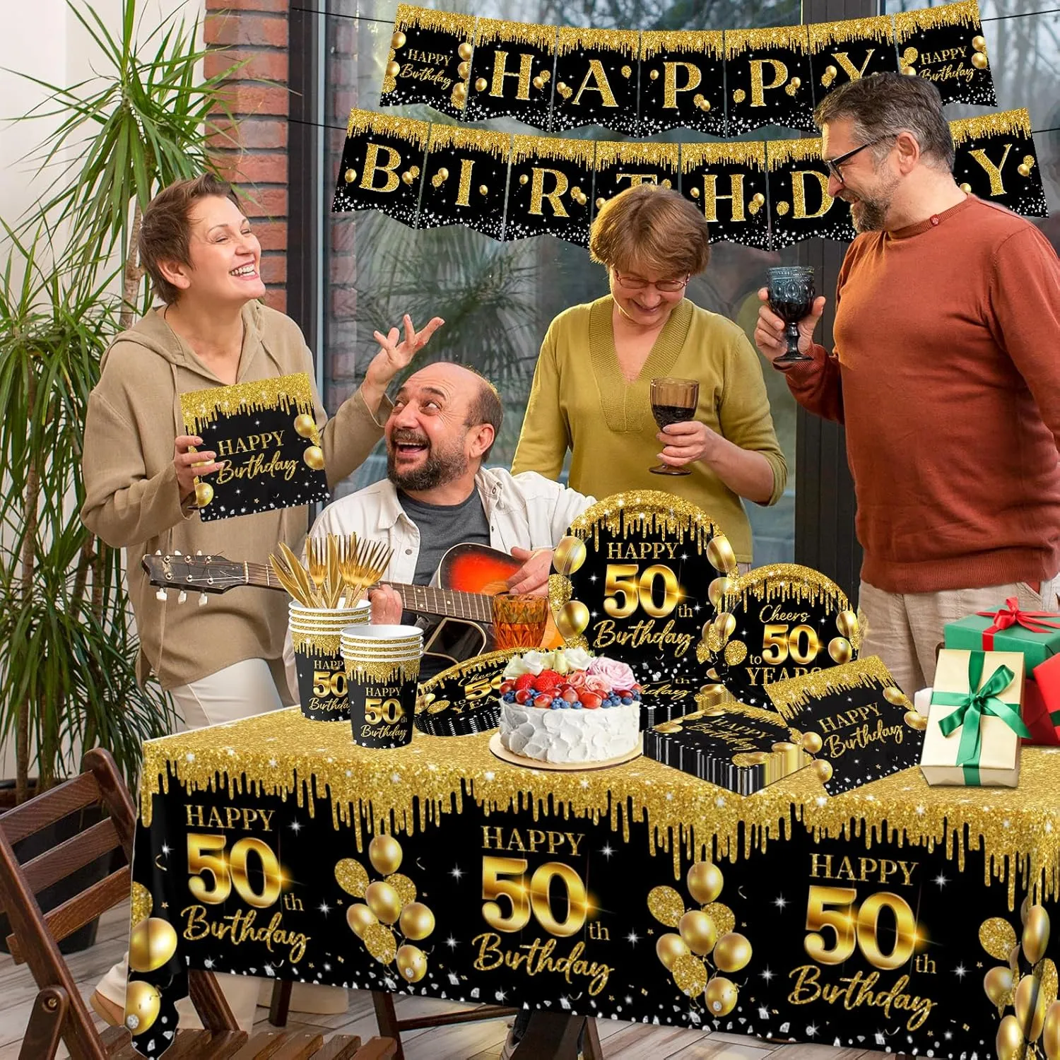 50th Birthday Tableware Supplies, 142Pcs Black and Gold 50th Birthday Decorations Cheers to 50 Years Dinnerware Set Plates and Napkins,Cups, Banner,Tablecloth for Happy 50th Birthday Decorations