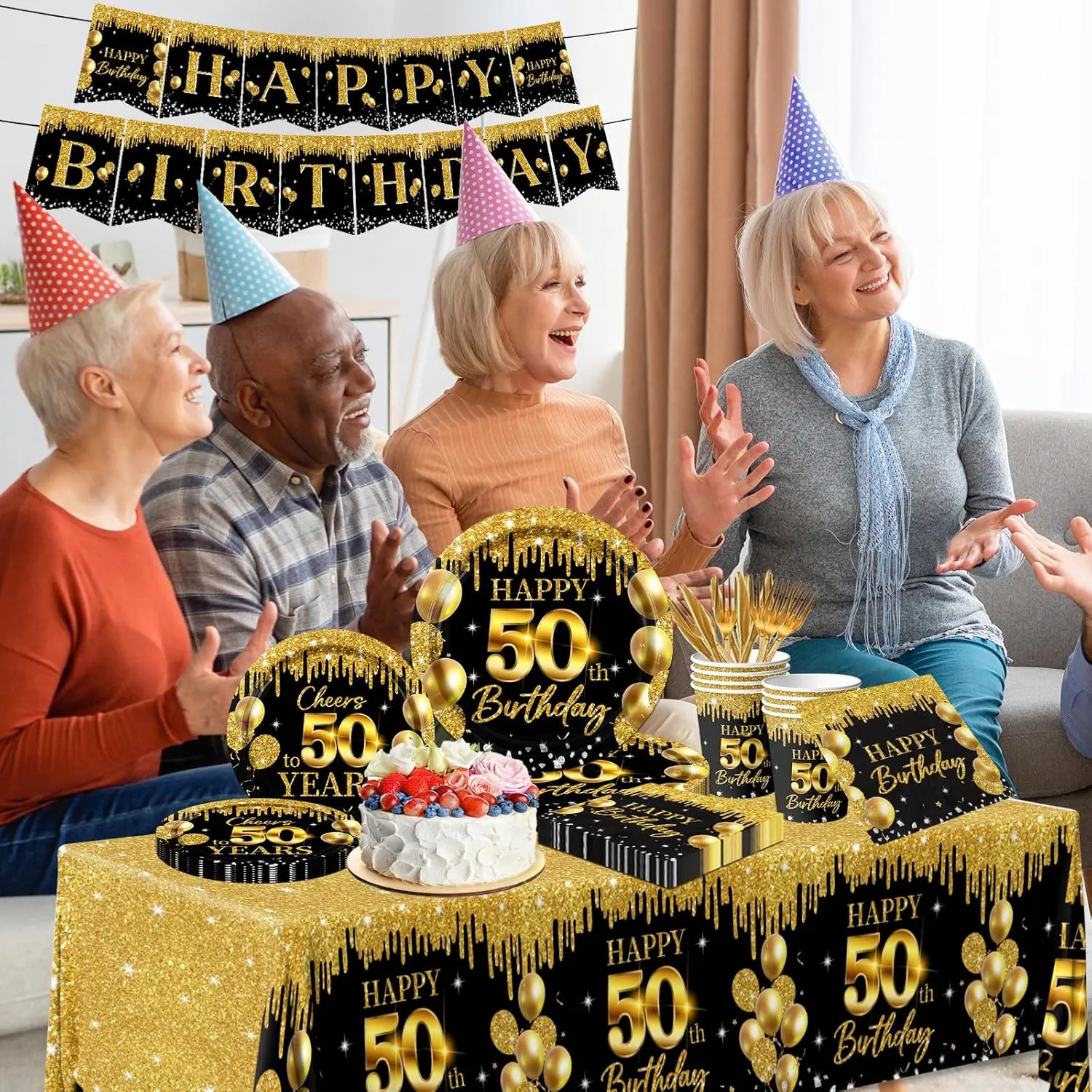50th Birthday Tableware Supplies, 142Pcs Black and Gold 50th Birthday Decorations Cheers to 50 Years Dinnerware Set Plates and Napkins,Cups, Banner,Tablecloth for Happy 50th Birthday Decorations