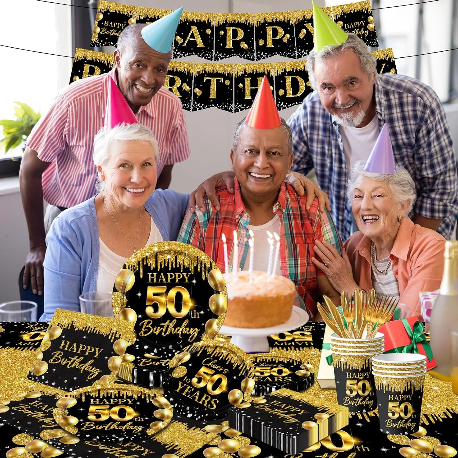 50th Birthday Tableware Supplies, 142Pcs Black and Gold 50th Birthday Decorations Cheers to 50 Years Dinnerware Set Plates and Napkins,Cups, Banner,Tablecloth for Happy 50th Birthday Decorations