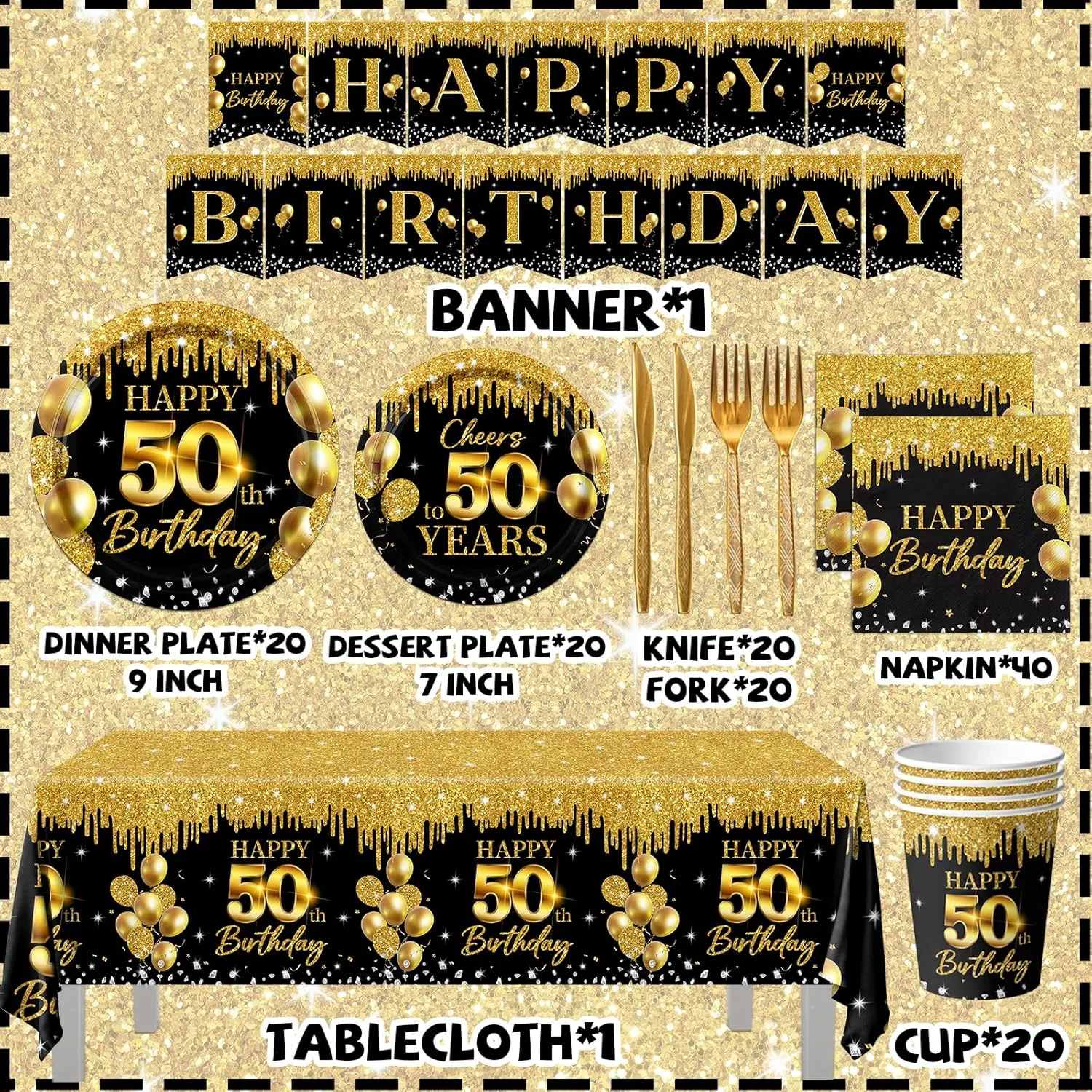 50th Birthday Tableware Supplies, 142Pcs Black and Gold 50th Birthday Decorations Cheers to 50 Years Dinnerware Set Plates and Napkins,Cups, Banner,Tablecloth for Happy 50th Birthday Decorations