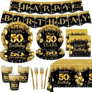 50th Birthday Tableware Supplies, 142Pcs Black and Gold 50th Birthday Decorations Cheers to 50 Years Dinnerware Set Plates and Napkins,Cups, Banner,Tablecloth for Happy 50th Birthday Decorations