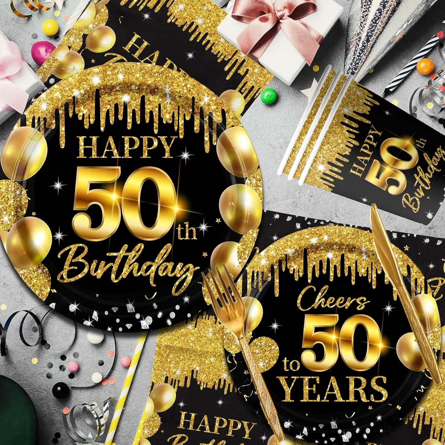50th Birthday Tableware Supplies, 142Pcs Black and Gold 50th Birthday Decorations Cheers to 50 Years Dinnerware Set Plates and Napkins,Cups, Banner,Tablecloth for Happy 50th Birthday Decorations