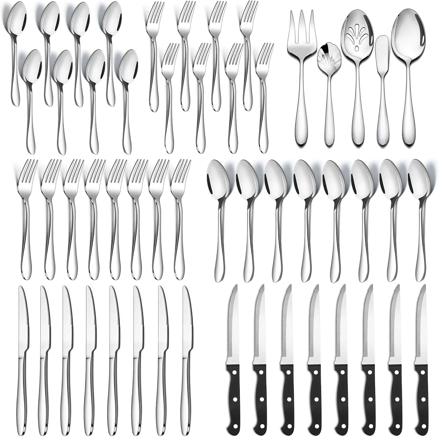 53-Piece Silverware Set with Steak Knives Serving Utensils, E-far Stainless Steel Flatware Cutlery Set for 8, Modern Tableware Eating Utensils for Restaurant Kitchen, Mirror Polished, Dishwasher Safe