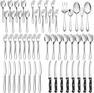53-Piece Silverware Set with Steak Knives Serving Utensils, E-far Stainless Steel Flatware Cutlery Set for 8, Modern Tableware Eating Utensils for Restaurant Kitchen, Mirror Polished, Dishwasher Safe