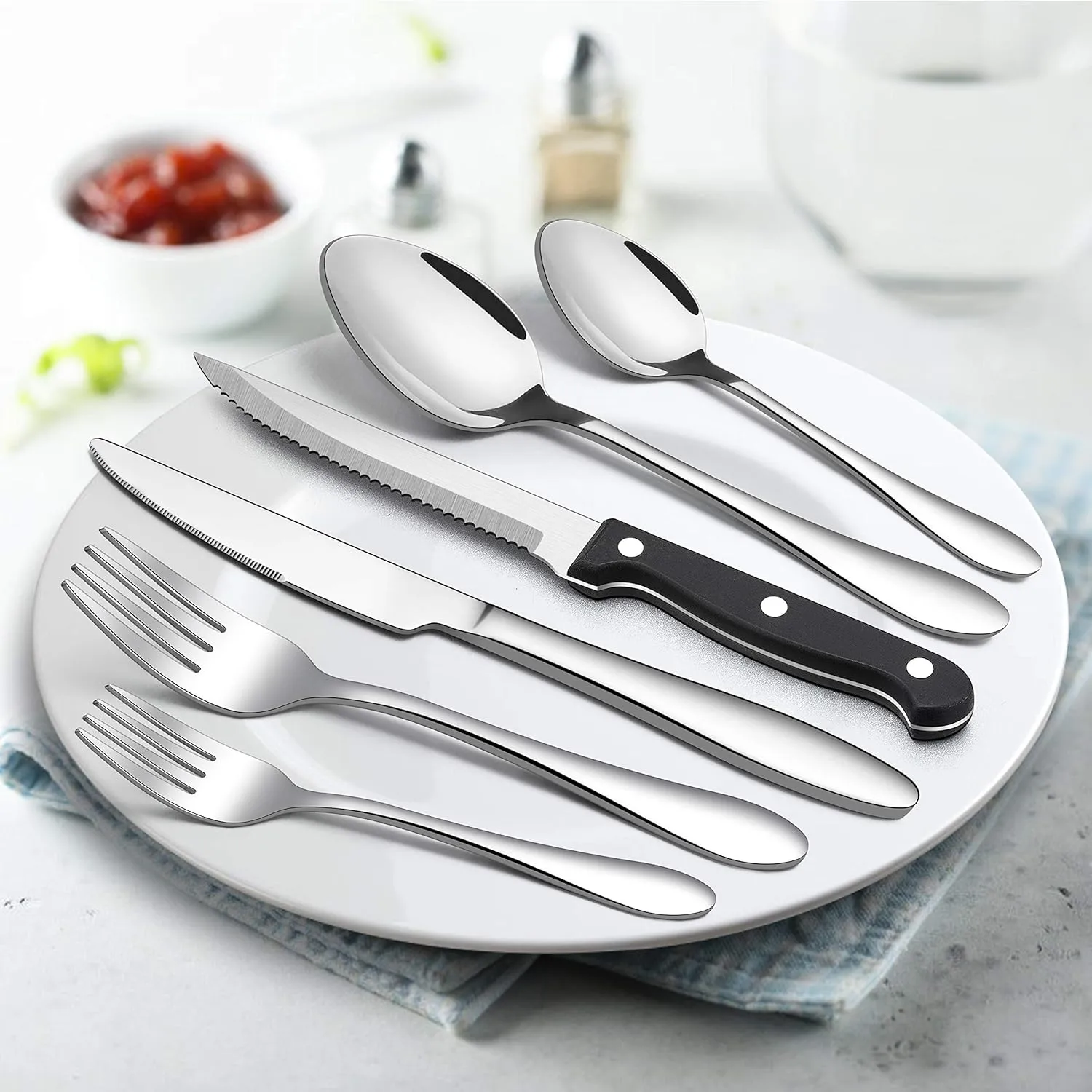 53-Piece Silverware Set with Steak Knives Serving Utensils, E-far Stainless Steel Flatware Cutlery Set for 8, Modern Tableware Eating Utensils for Restaurant Kitchen, Mirror Polished, Dishwasher Safe