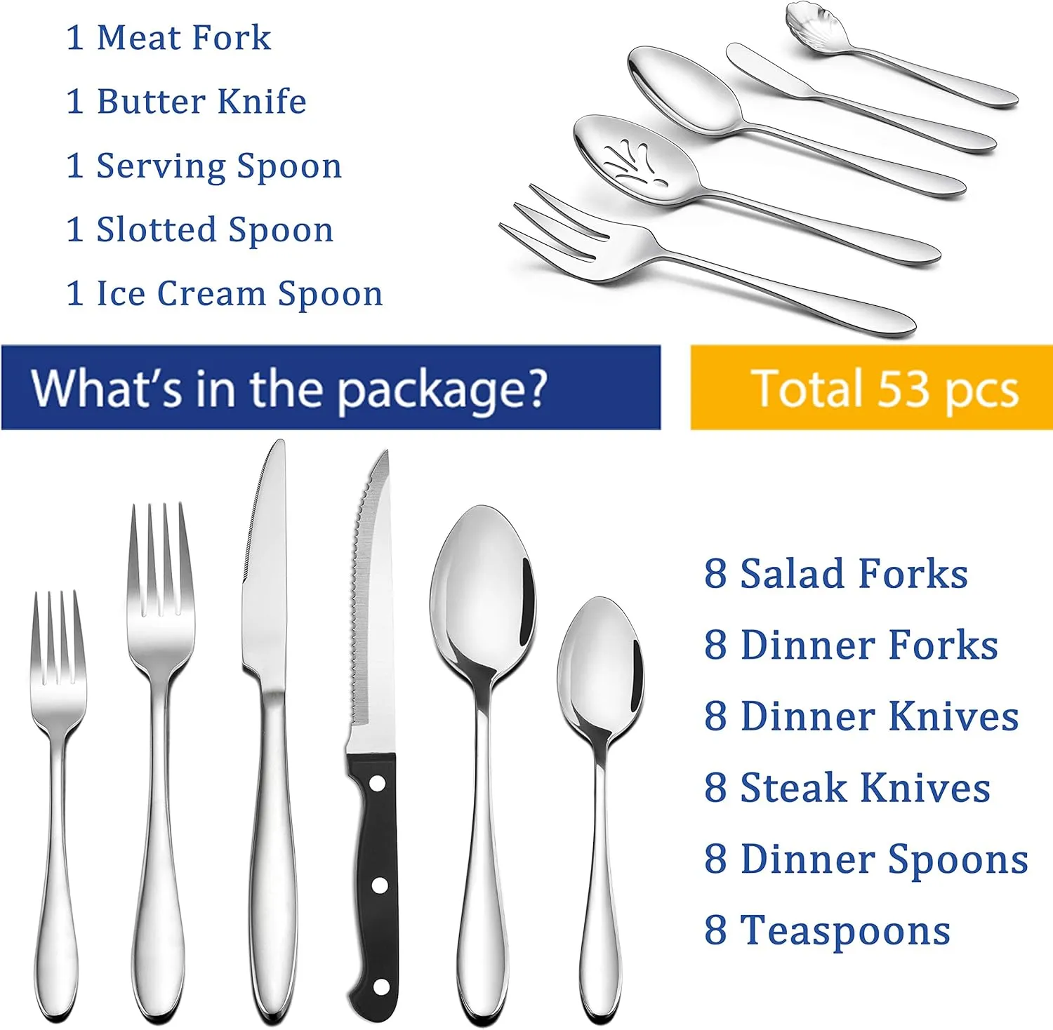 53-Piece Silverware Set with Steak Knives Serving Utensils, E-far Stainless Steel Flatware Cutlery Set for 8, Modern Tableware Eating Utensils for Restaurant Kitchen, Mirror Polished, Dishwasher Safe
