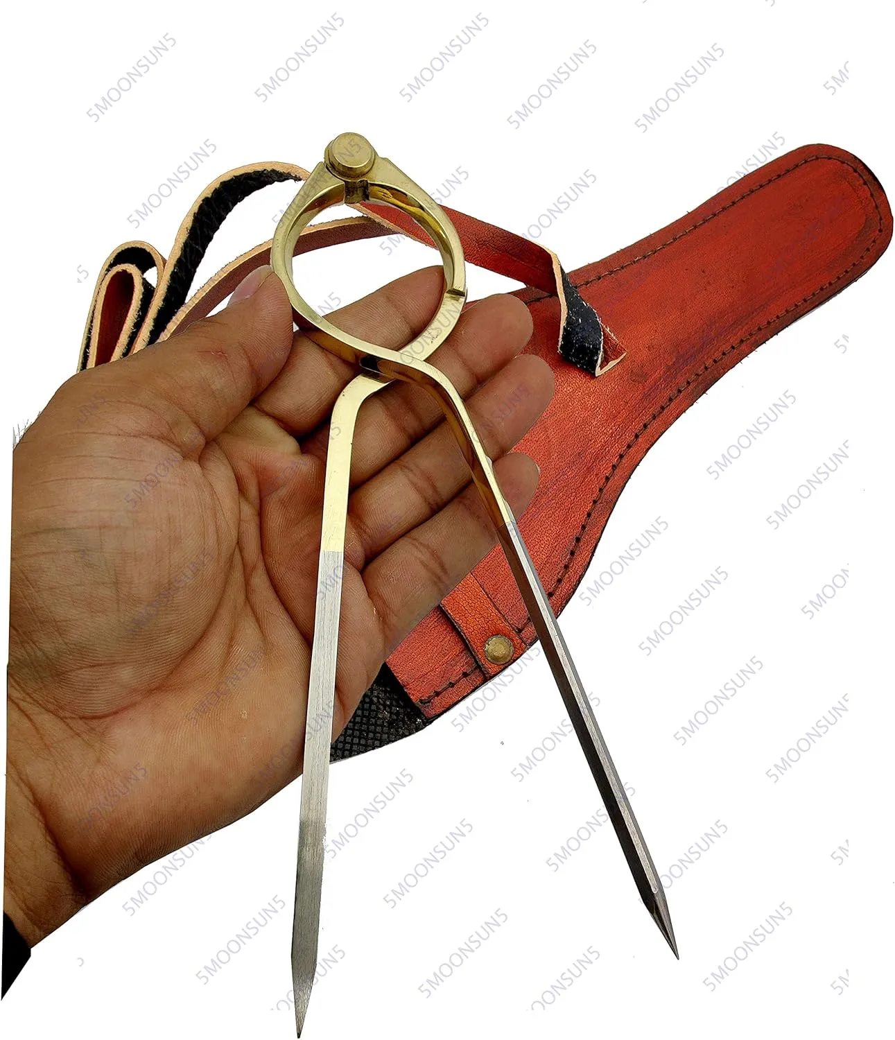 5MOONSUN5's Vintage Navigation Straight Pattern Artist Divider Solid Brass Drawing Tool Professional 8” Long Solid Steel Points Divider Marine Compass with Handmade Leather case (8'' Steel tip)