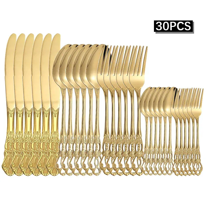 6 / 30 Piece Gold Embossed Stainless Steel Tableware Set
