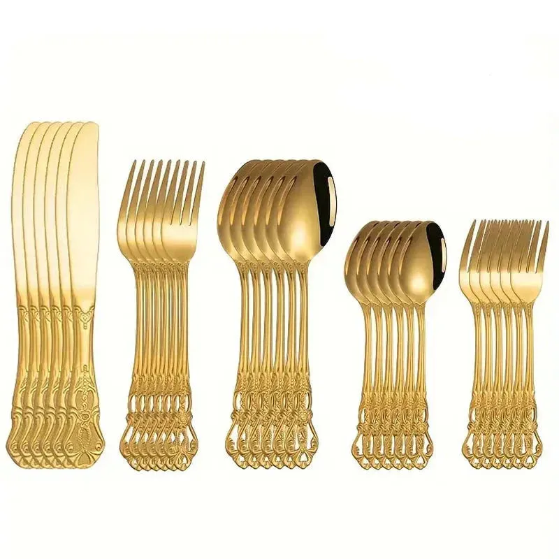 6 / 30 Piece Gold Embossed Stainless Steel Tableware Set