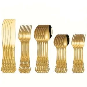 6 / 30 Piece Gold Embossed Stainless Steel Tableware Set