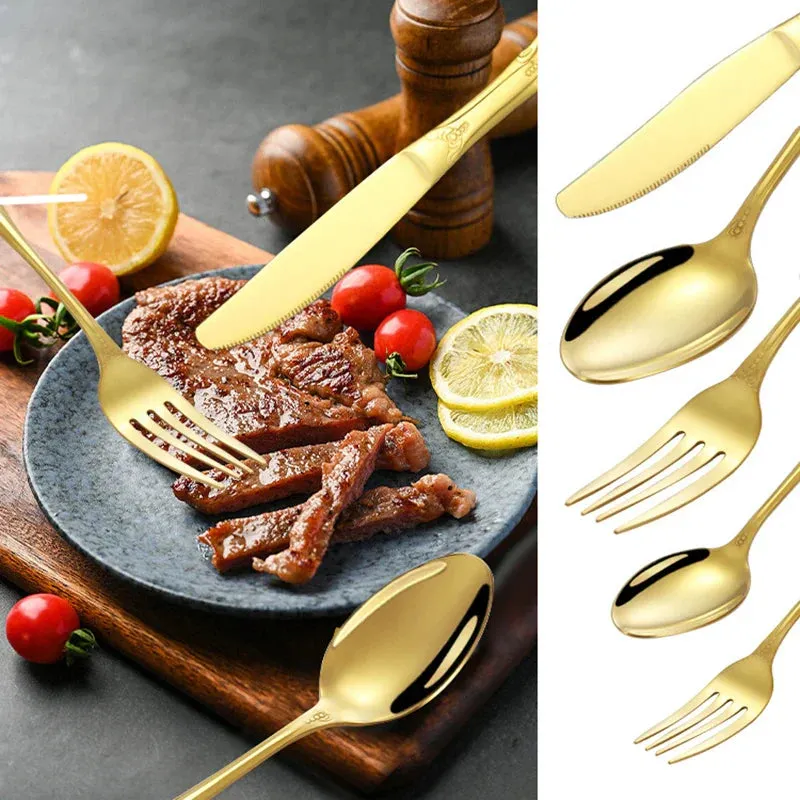 6 / 30 Piece Gold Embossed Stainless Steel Tableware Set