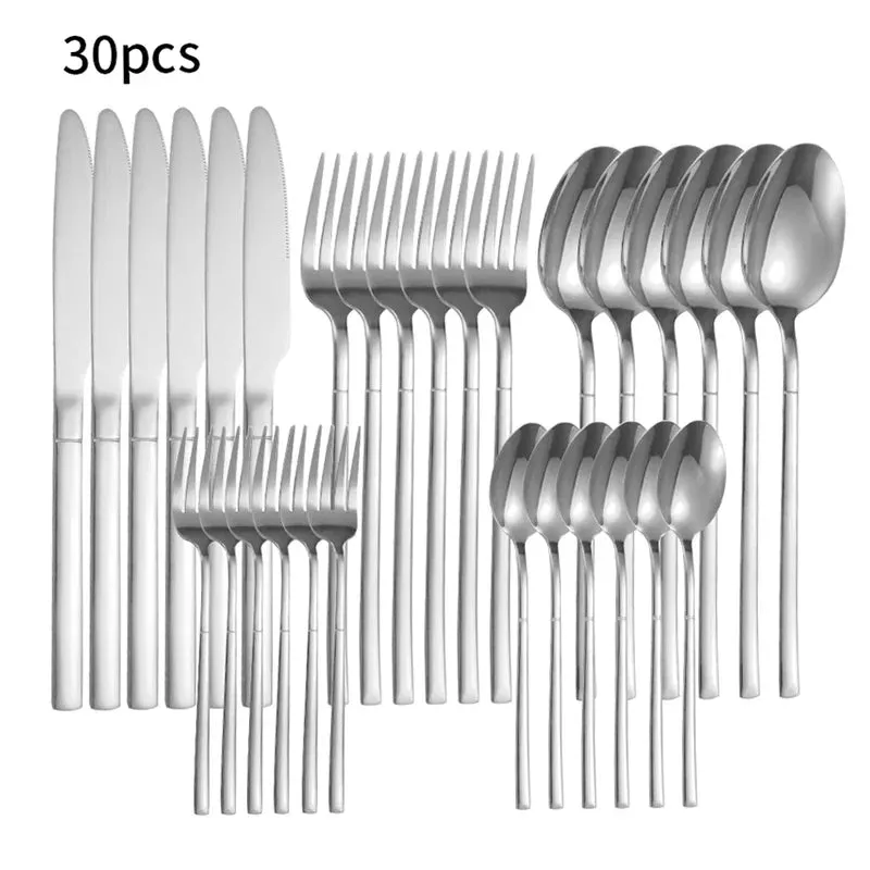 6 / 30 Piece Stainless Steel Tableware Set High End Silver Cutlery For Kitchen & Restaurant