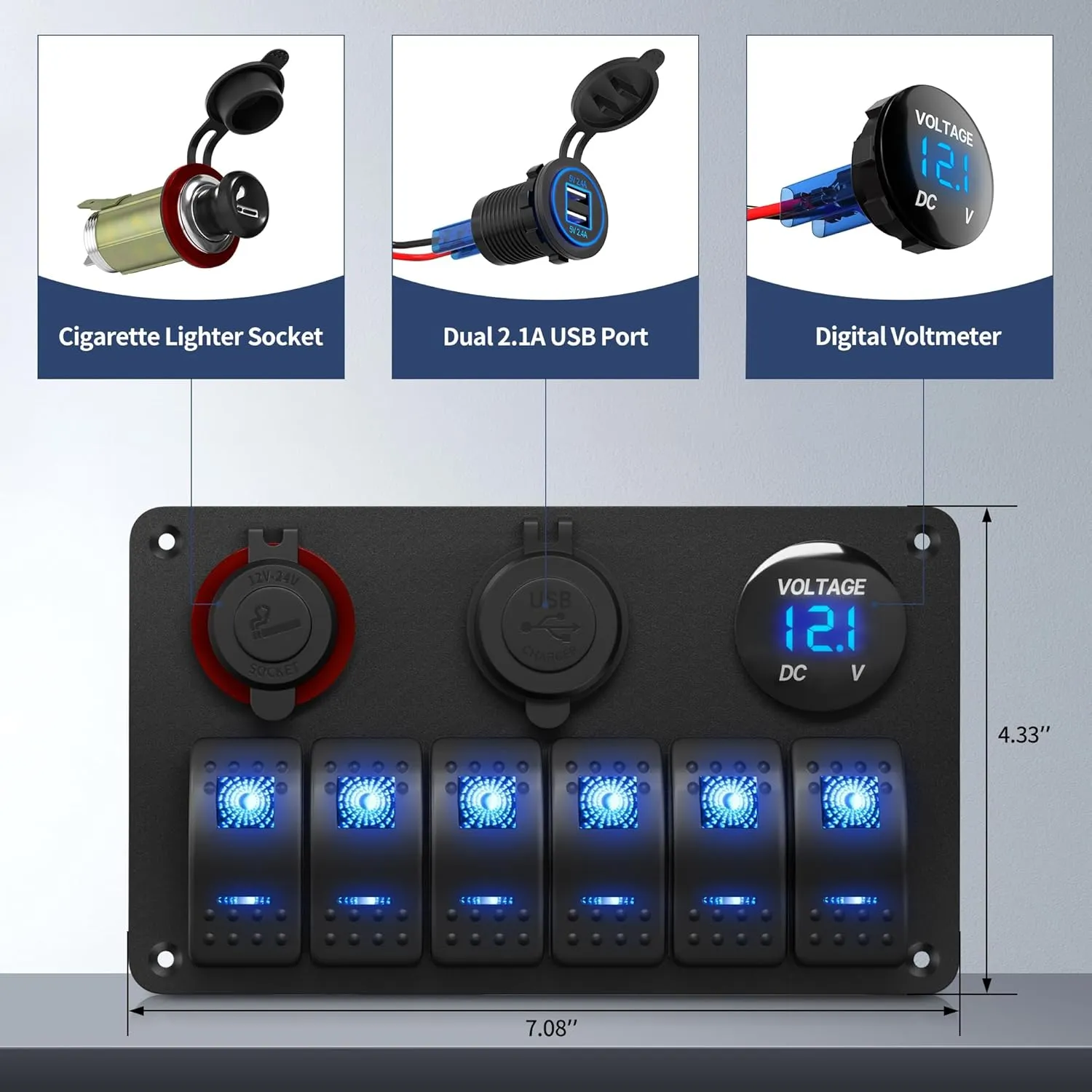 6 Gang Marine Switch Panel Boat Switch Panel Waterproof 12V Rocker Switch Panel Blue LED Lighted with USB Cigarette Lighter Socket Voltmeter