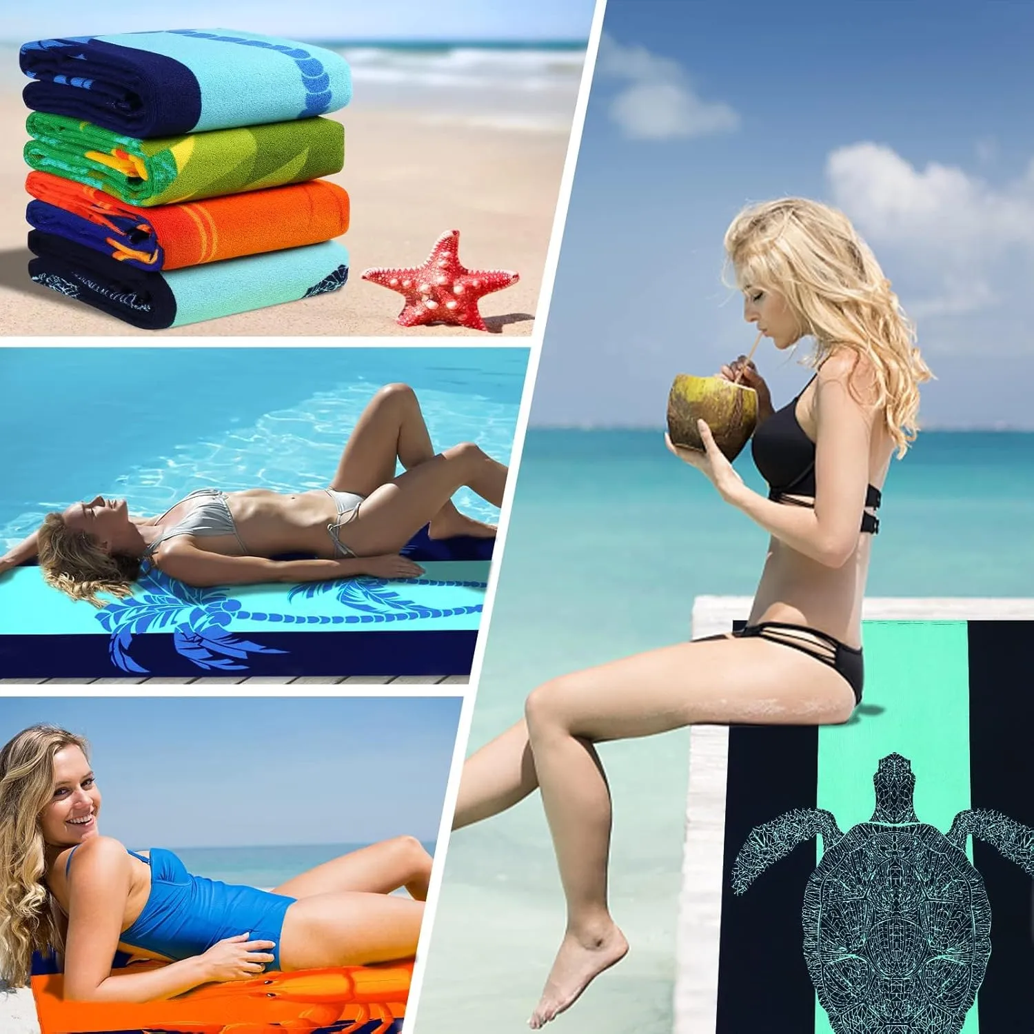 6 Packs Oversized Terry Beach Towel Set 36 x 72 Soft Thin Extra Large Big Pool Swim Camping Bulk Towels Blanket Clearance XL Travel Adult Essentials Accessories Must Haves Vacation Flamingo Lobster