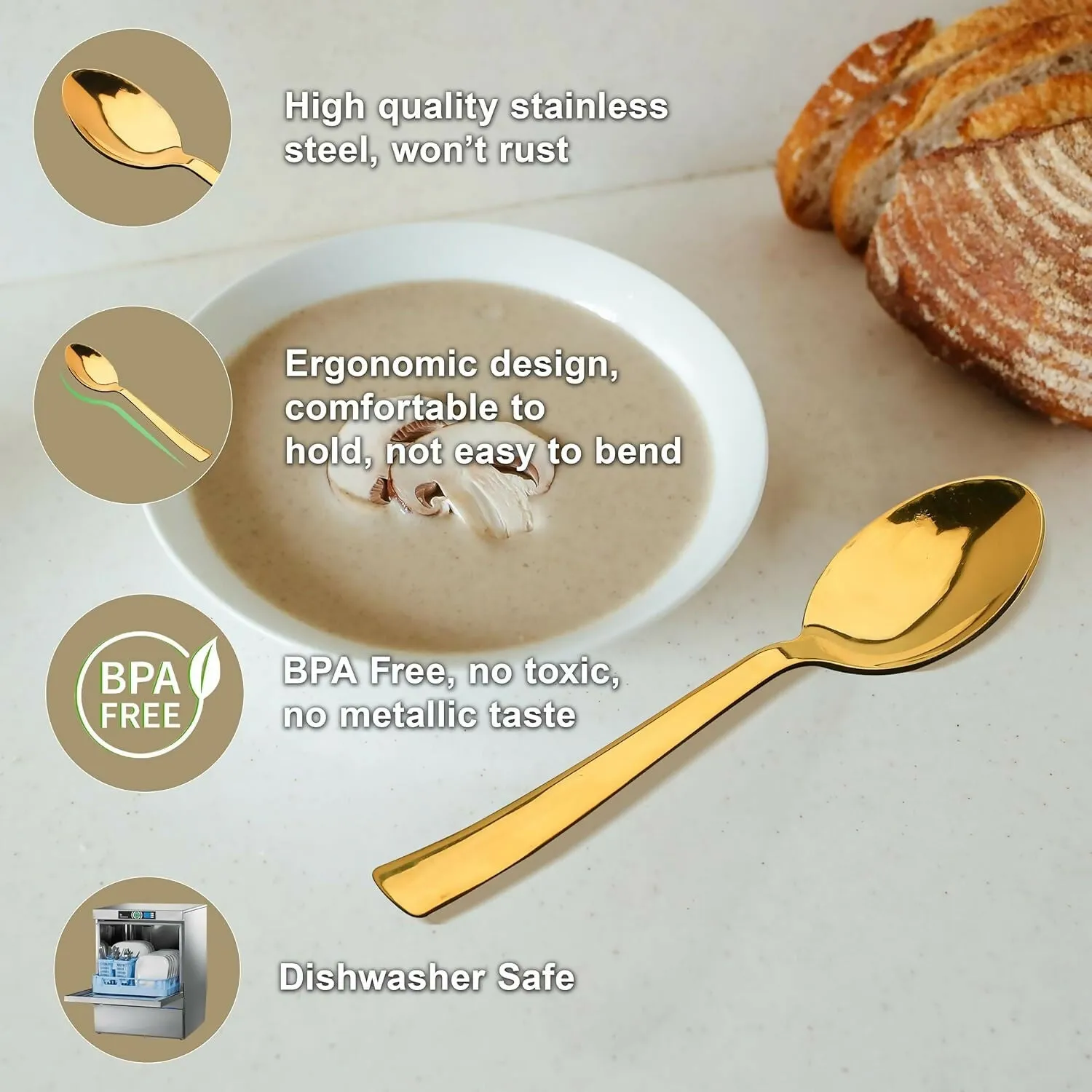6 Pieces Stainless Steel Golden Spoons Set, , Premium Spoons for Home & Kitchen, Luxury Dining Tableware Gift for House Warmings Gold Cutlery Set