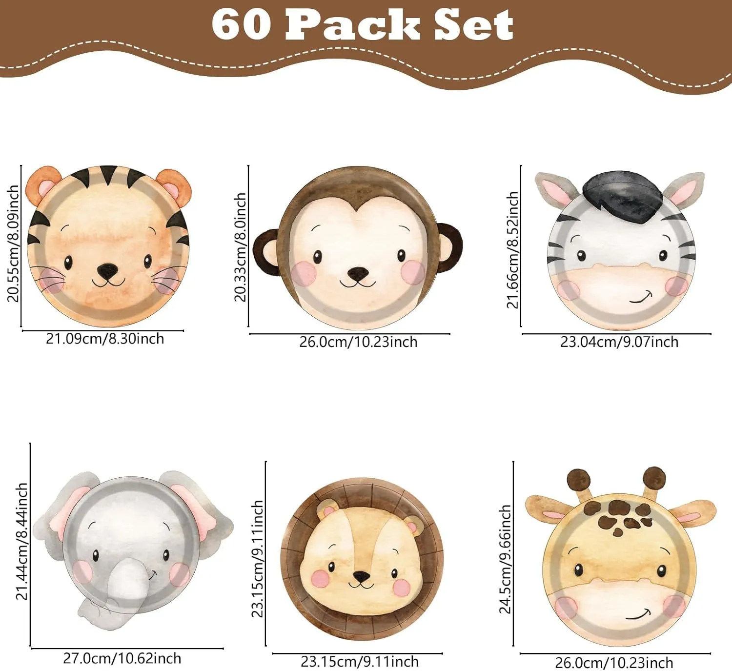 60 Count Jungle Animal Party Plates Safari Animal Shaped Paper Plates Zoo Jungle Them Disposable Party Decorations Wild Safari Tableware for Birthday Baby Shower Favor Favor Supplies